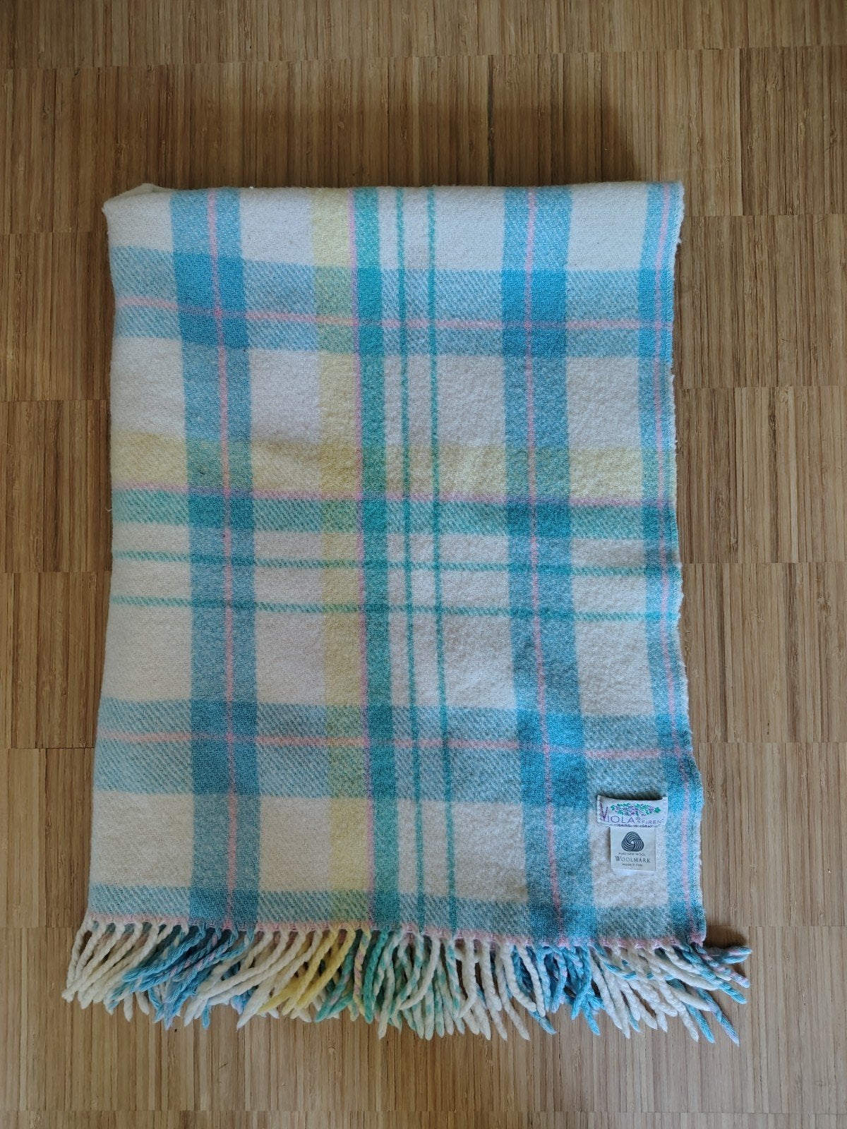 Vintage Viola Firenze Wollen Plaid - Blauw/Geel/Roze Ruit, Ophalen of Verzenden, Zo goed als nieuw, Blauw, Rechthoekig