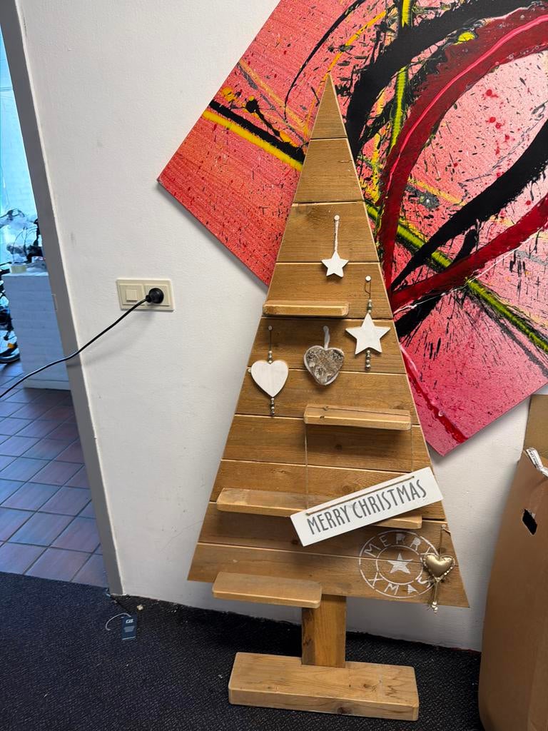 Houten Kerstboom met Decoratie, Ophalen, Zo goed als nieuw