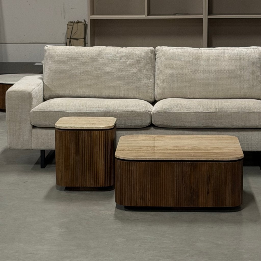 salon set travertine japandi salon tafel 80x80 en 40x40cm, Ophalen, 50 tot 100 cm, Rond, Nieuw