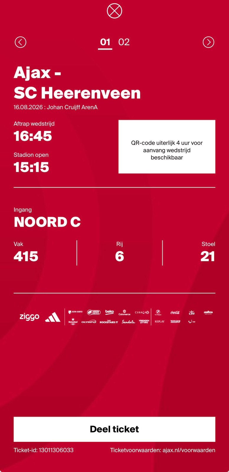 2 tickets Ajax - sc Heerenveen 16-08-2026, Tickets en Kaartjes, Twee personen, Augustus