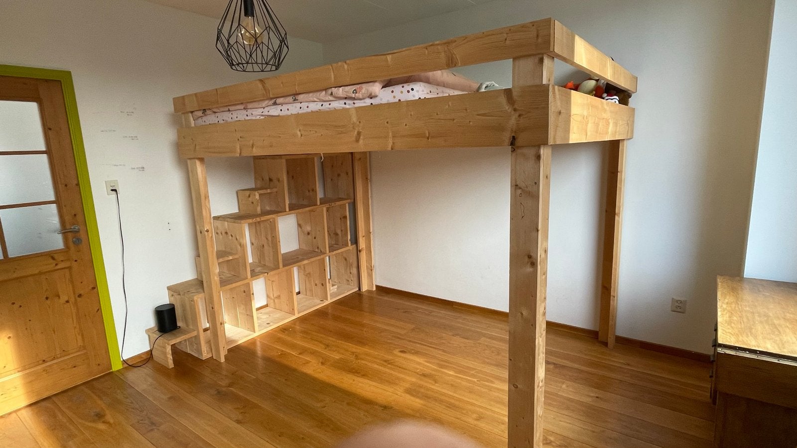 Stevige houten hoogslaper met opbergruimte en trap, Ophalen, Gebruikt, Hoogslaper, Tweepersoons