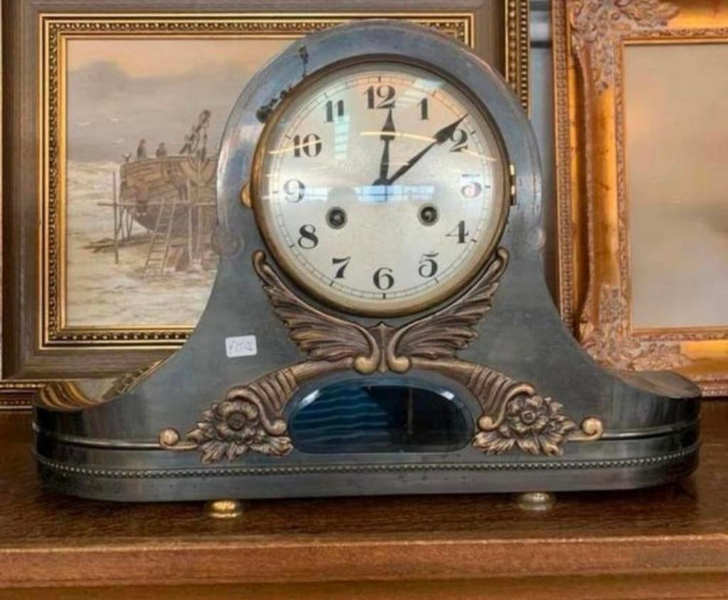 Klok mooie oude antieke koperen bronzen pendule klok., Ophalen of Verzenden