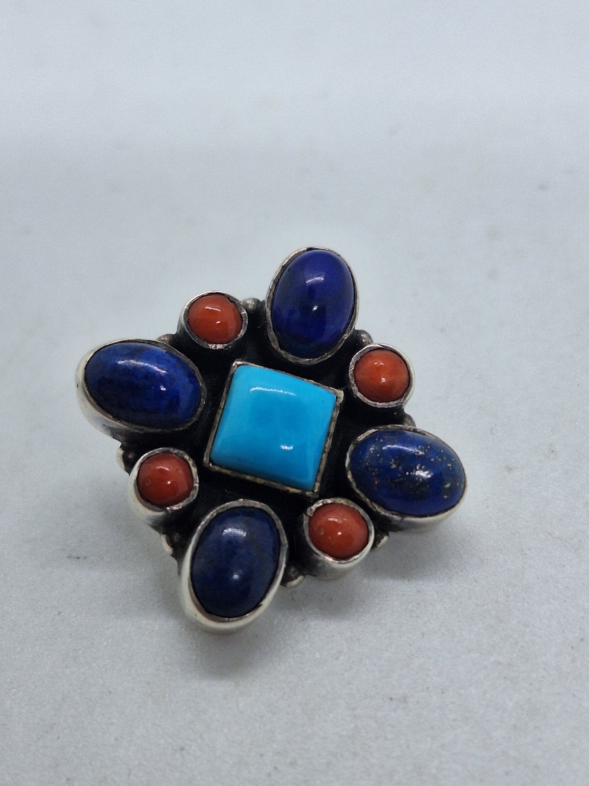 Zilveren hanger met Lapis Lazuli en Bloedkoraal (925), Sieraden, Tassen en Uiterlijk, Ringen, Gebruikt, Blauw, Ophalen of Verzenden
