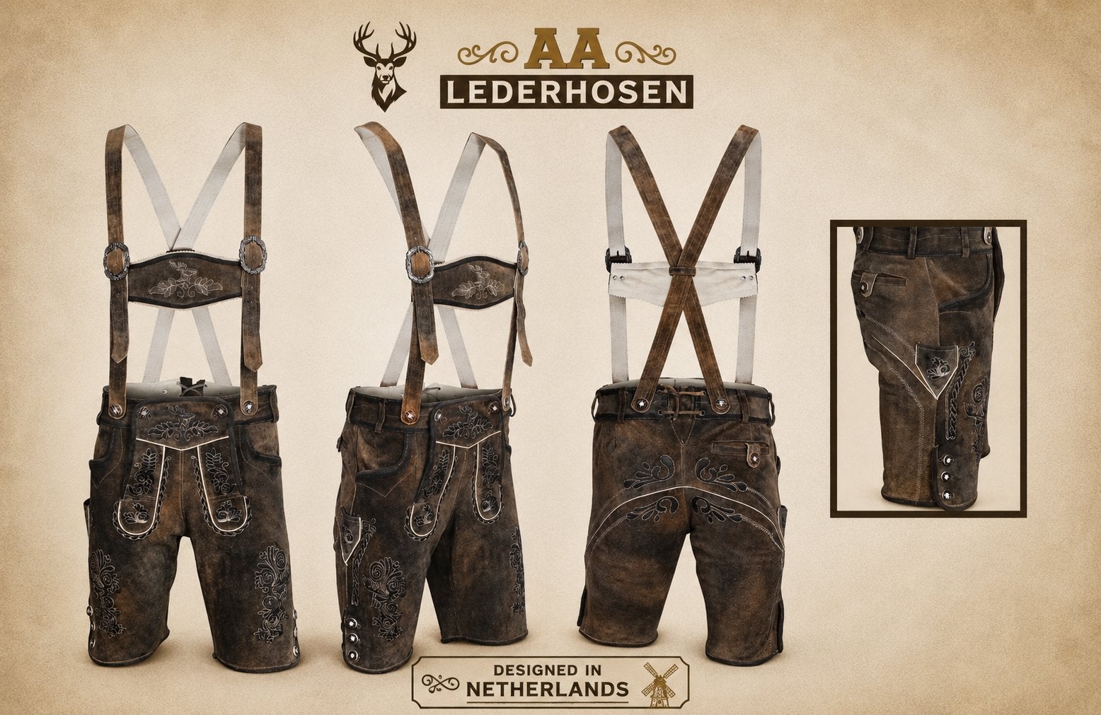 Lederhosen Man Oktoberfest Heren Trachten Mode Leer Bruin, AA Lederhosen, Carnaval, Maat 48/50 (M), Nieuw