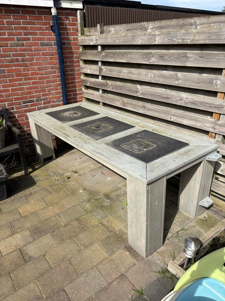 Robuuste tuintafel 250x100 cm - Hout met tegels, Tuin en Terras, Tuintafels, Ophalen, Gebruikt, Rechthoekig, Hout