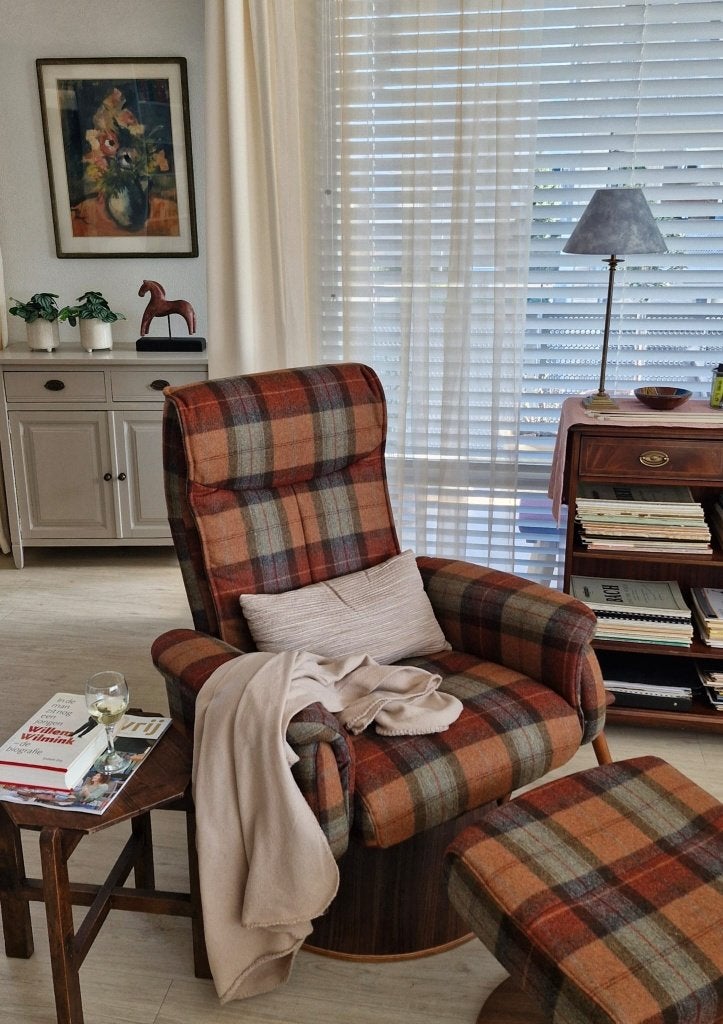 Prachtige John Bardale relaxstoel in warme blokstof, Huis en Inrichting, Fauteuils, Ophalen of Verzenden, Zo goed als nieuw, Stof