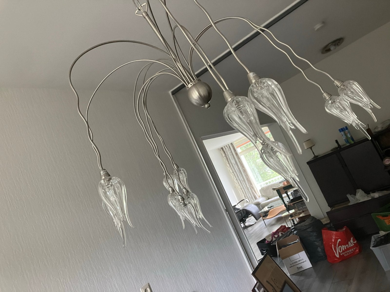Design hanglamp met 12 glazen kelken, Ophalen, Zo goed als nieuw, Glas, E14 (klein)