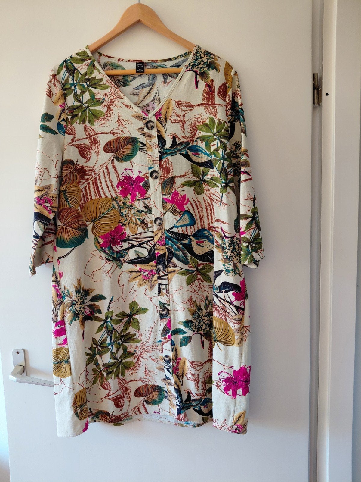 prachtig ruim tuniek / jurk,  ecru bloemen xl, Ophalen of Verzenden, Zo goed als nieuw, Beige, Blouse of Tuniek