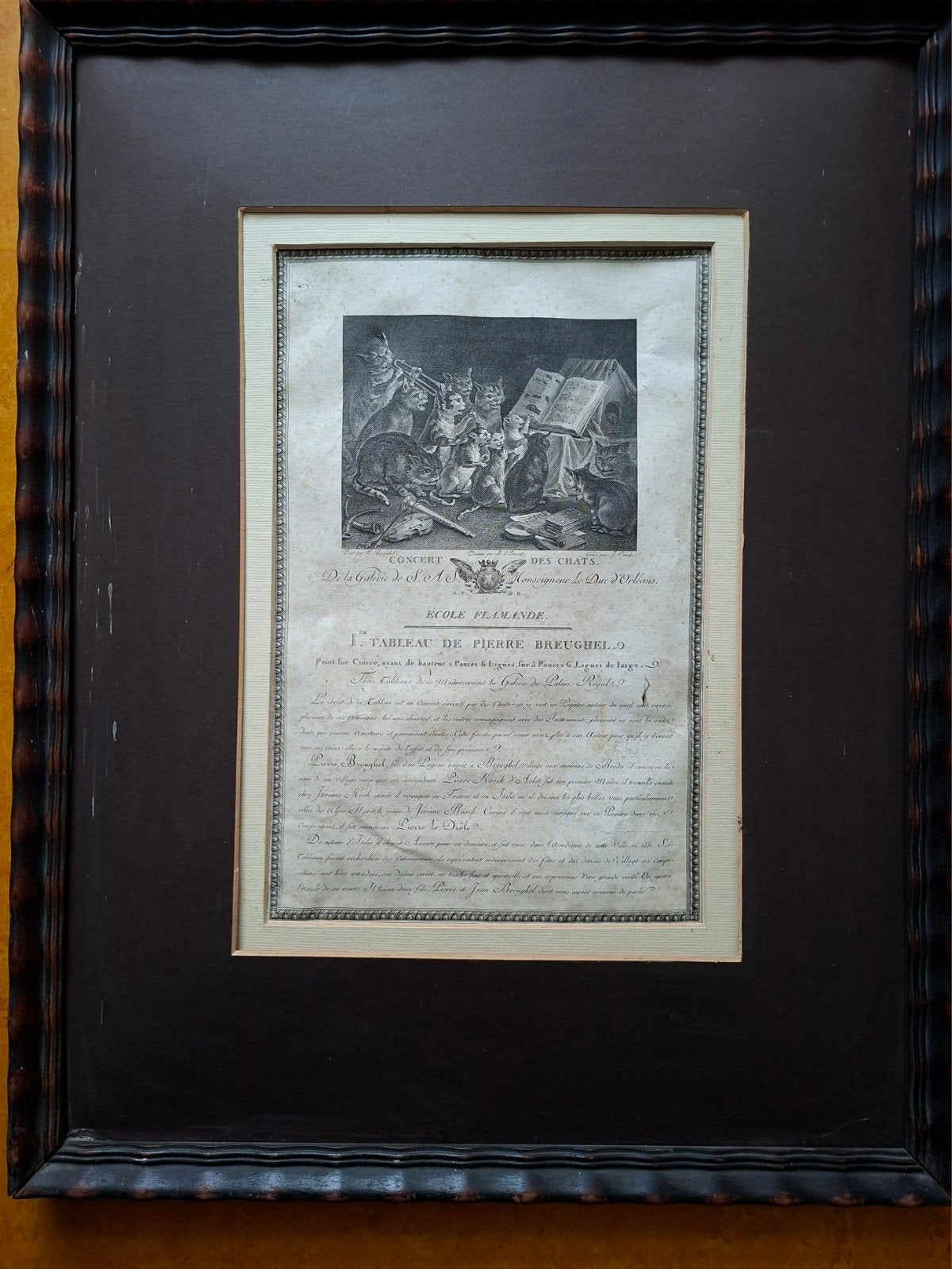 Unieke Antieke Gravure - Kattenconcert (P. Breughel) -, Ophalen of Verzenden