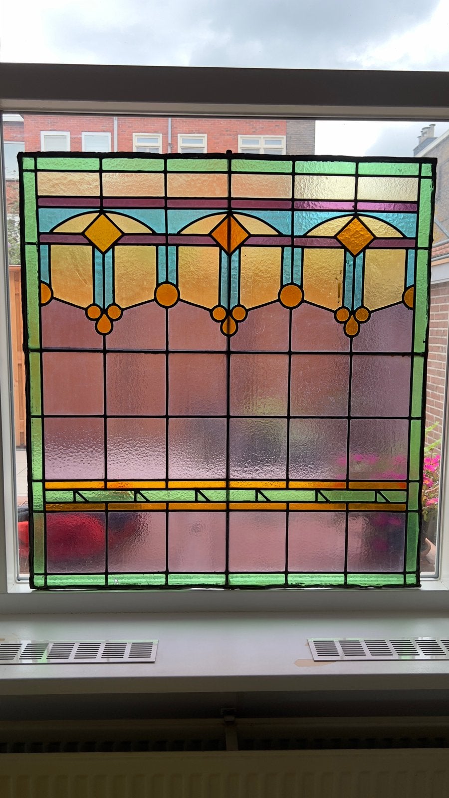 Antiek glas-in-loodraam Jugendstil / Art Nouveau 84  90 cm, Ophalen, Gevelraam of Ruit, Gebruikt, Glas in lood