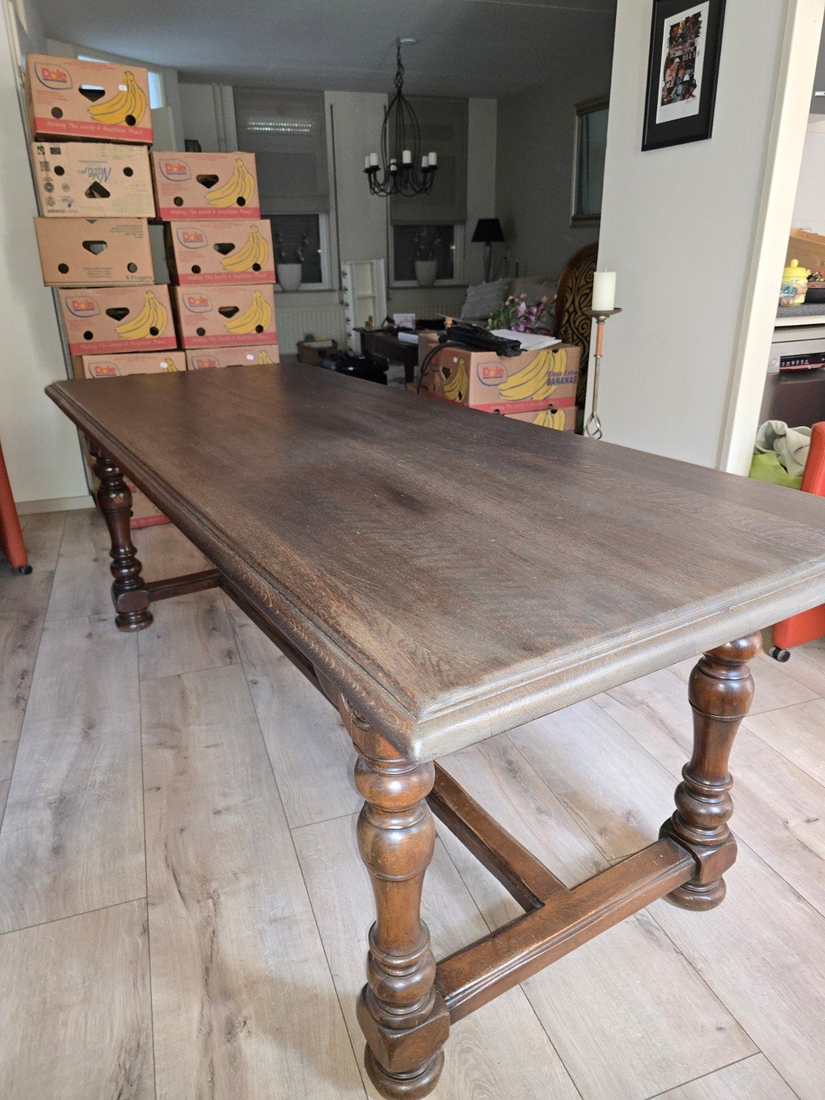 Massief eiken klooster tafel / eettafel met 4 leren stoelen, Ophalen, Gebruikt, Rechthoekig, 50 tot 100 cm