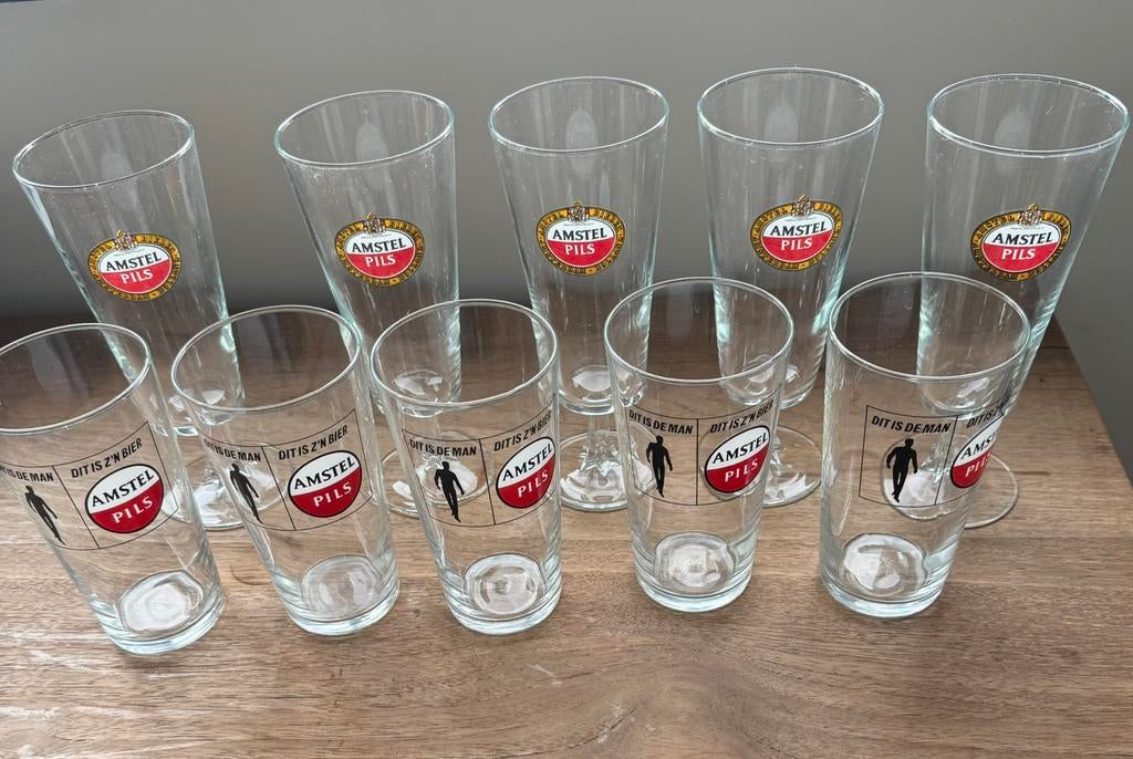 Vintage orginele Amstel bierglazen 10x, Ophalen, Glas of Glazen, Overige stijlen, Glas