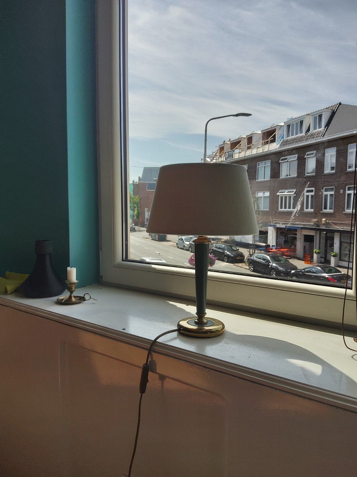 Sfeervolle Staande Lamp met Groen/Koperen voet, Huis en Inrichting, Lampen | Tafellampen, Gebruikt, Metaal, Textiel, Met kap, Met schakelaar