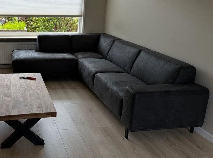 Moderne donkergrijze hoekbank 301x220 cm, Ophalen, 250 tot 300 cm, Hoekbank, 75 tot 100 cm