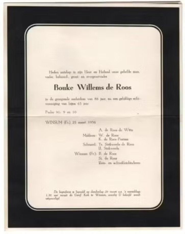 Rouwbrief Winsum De Roos De Witte Strikwerda 1956., Ophalen of Verzenden, Rouwkaart