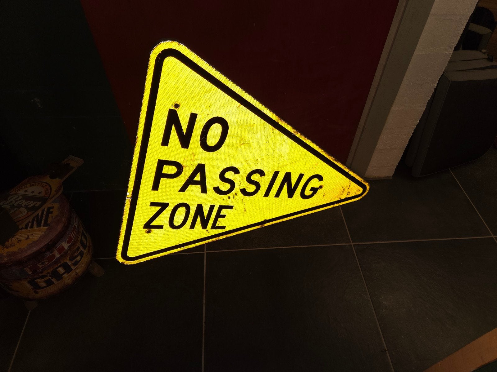 Uniek 'NO PASSING ZONE' verkeersbord  Decoratie REFLECTEREND, Ophalen of Verzenden, Gebruikt, Reclamebord