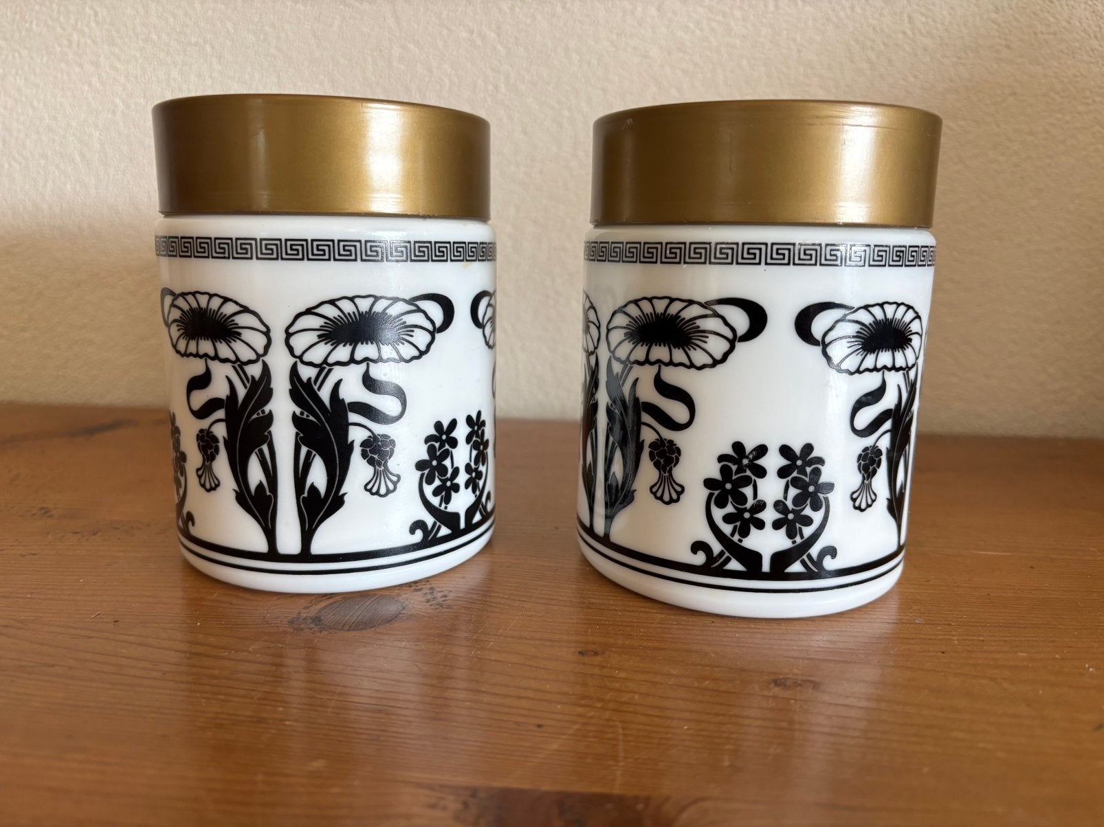 Jaren ‘70 opaline opbergpotjes met Art Nouveau decor, Voorraadpot, Ophalen of Verzenden, Gebruikt, Glas