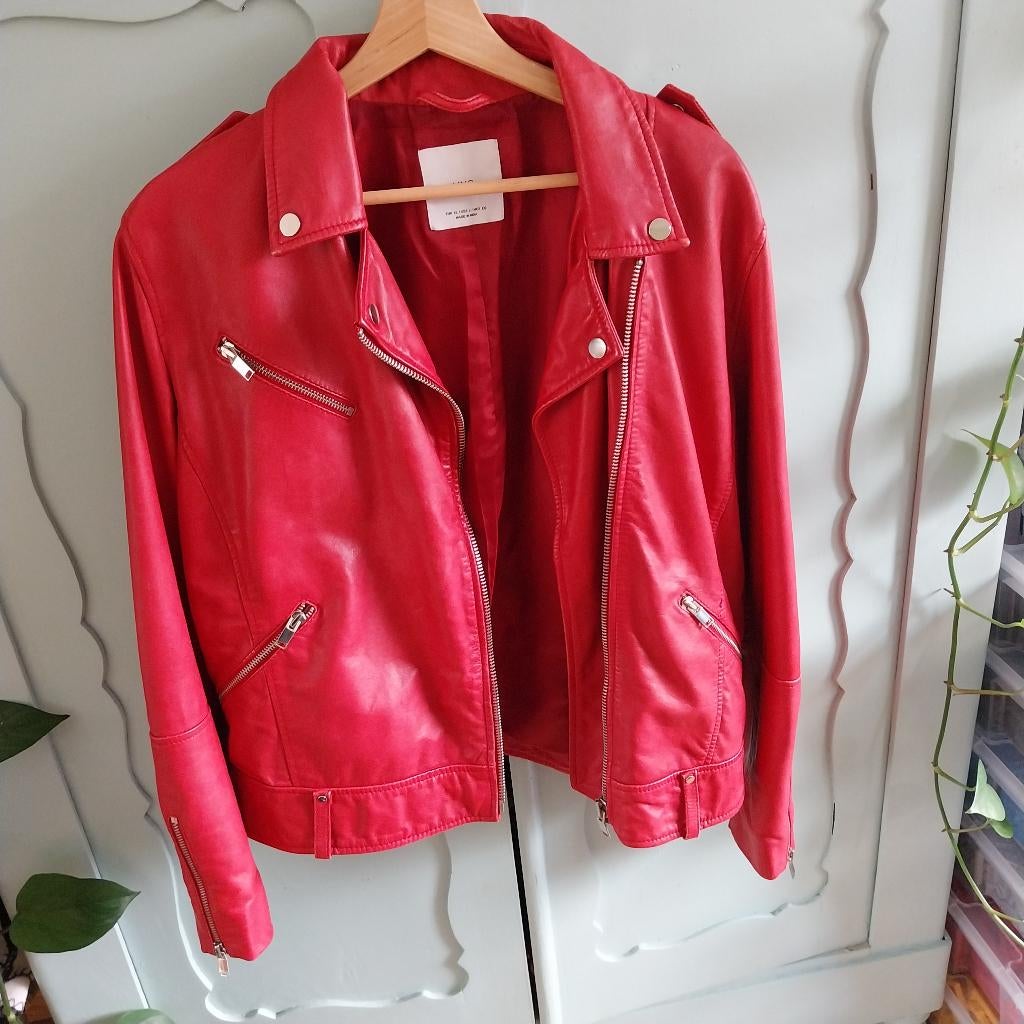 Mango rode leren jas dames, Mango, Maat 46/48 (XL) of groter, Ophalen of Verzenden, Gedragen