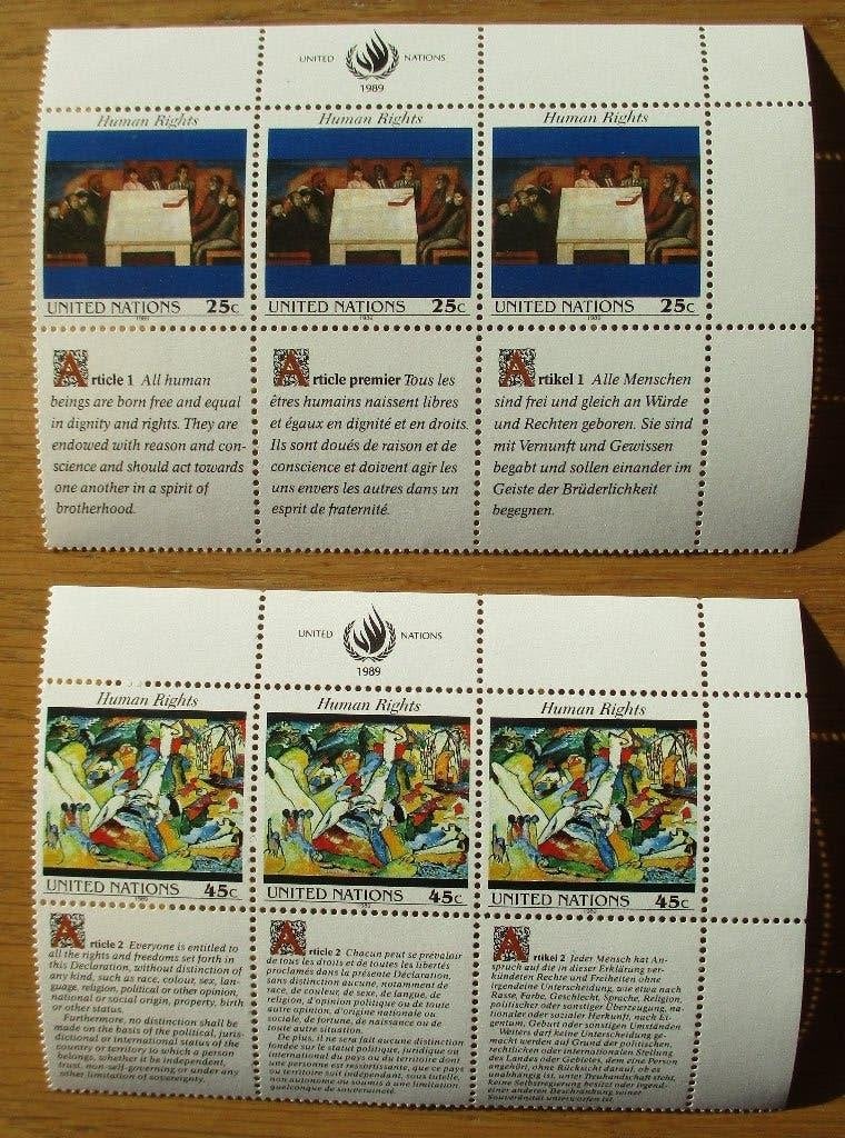 VN New York serie mensenrechten, 1989 siervelden in 3 talen, Ophalen of Verzenden, Postfris, Noord-Amerika