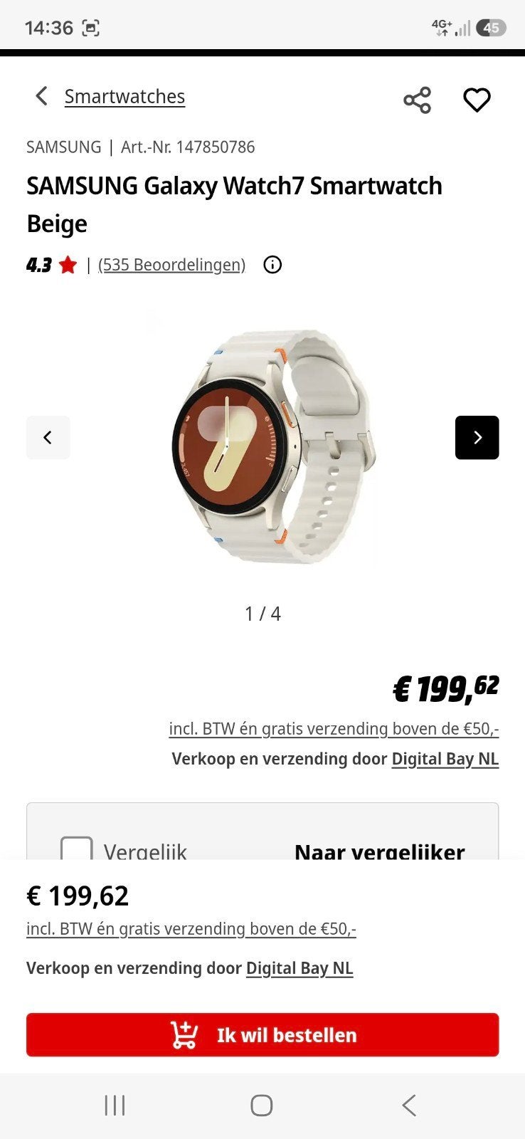 Samsung watch 7 beige, Ophalen, Zo goed als nieuw, Zilver