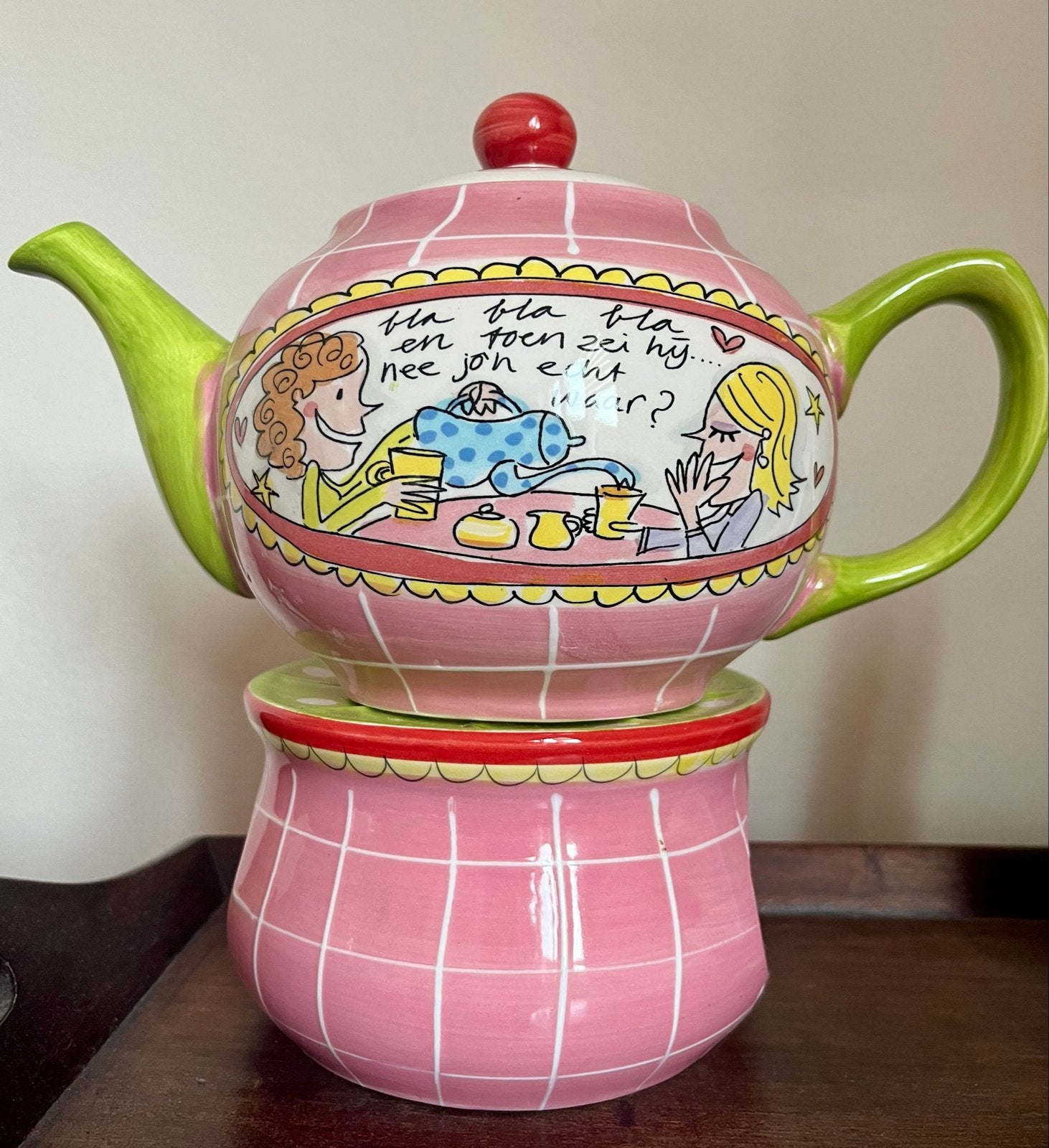 Blond Amsterdam theepot met theelichtje - Roze/Groen, Ophalen of Verzenden, Zo goed als nieuw, Roze, Steen/keramiek