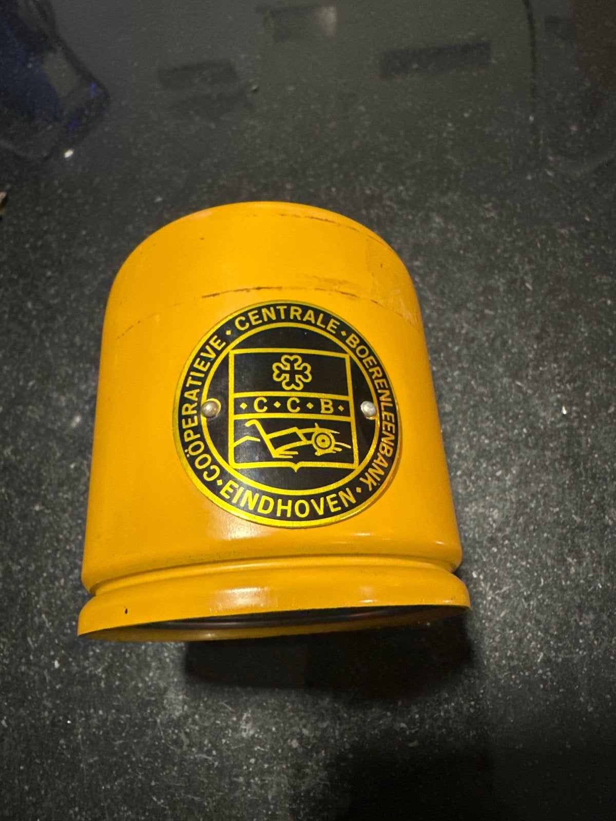 Oude spaarpot Boerenleenbank circa 1955 / 1971, Ophalen of Verzenden, Gebruikt, Metaal of Blik, Object of Gebouw