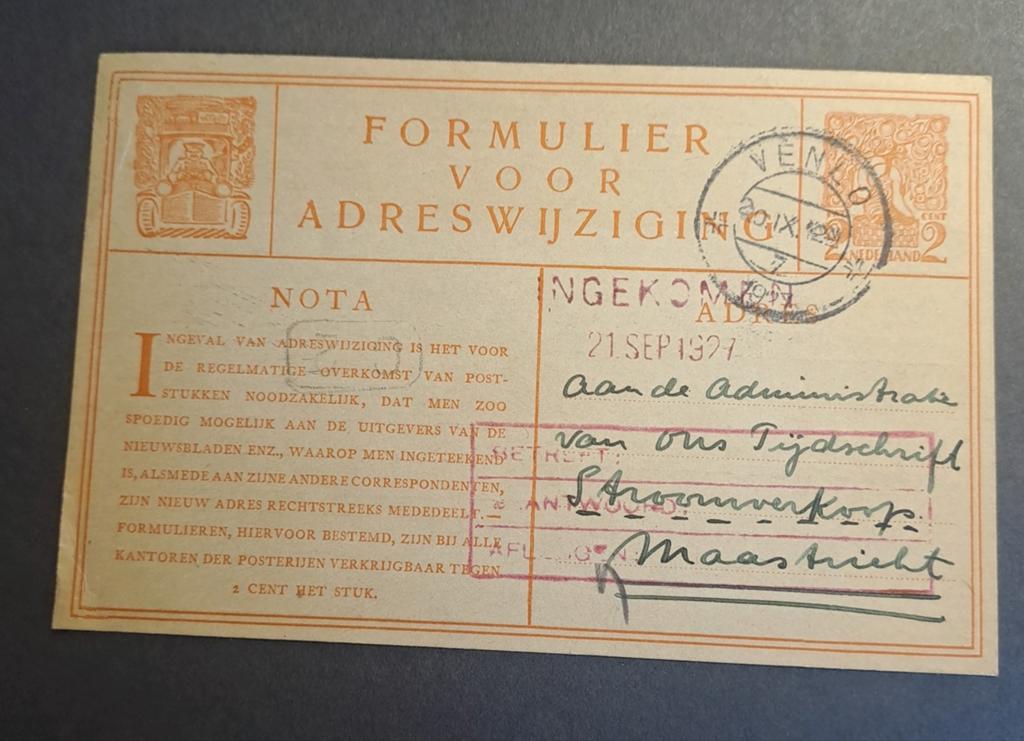 Verhuiskaart uit 1927 - Historisch document Venlo/Maastricht, Ophalen of Verzenden, 1920 tot 1940, Gelopen, Limburg