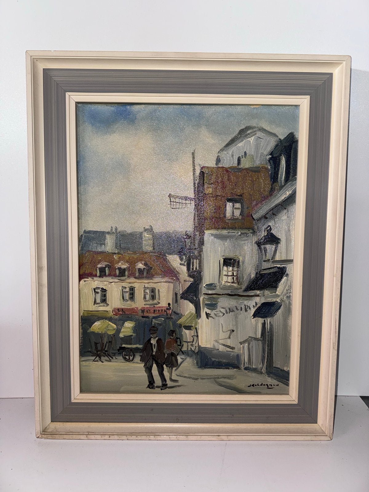 Olieverfschilderij: Straatgezicht met figuren, gesigneerd, Antiek en Kunst, Kunst | Schilderijen | Klassiek, Ophalen of Verzenden