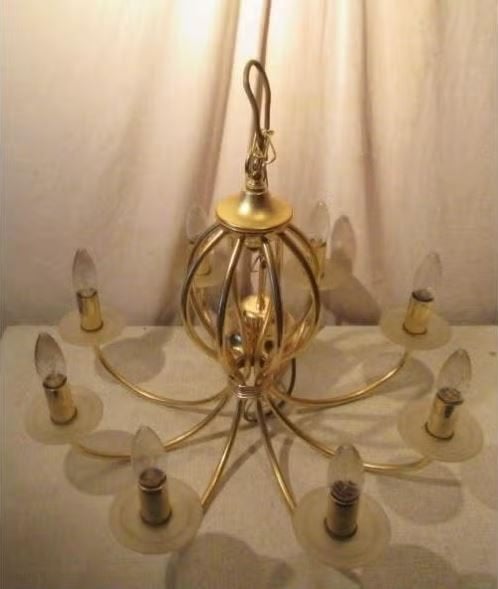Mooi Retro Vergulde metalen Luchter met 8 lichtpunten, Ophalen of Verzenden, Zo goed als nieuw, Metaal