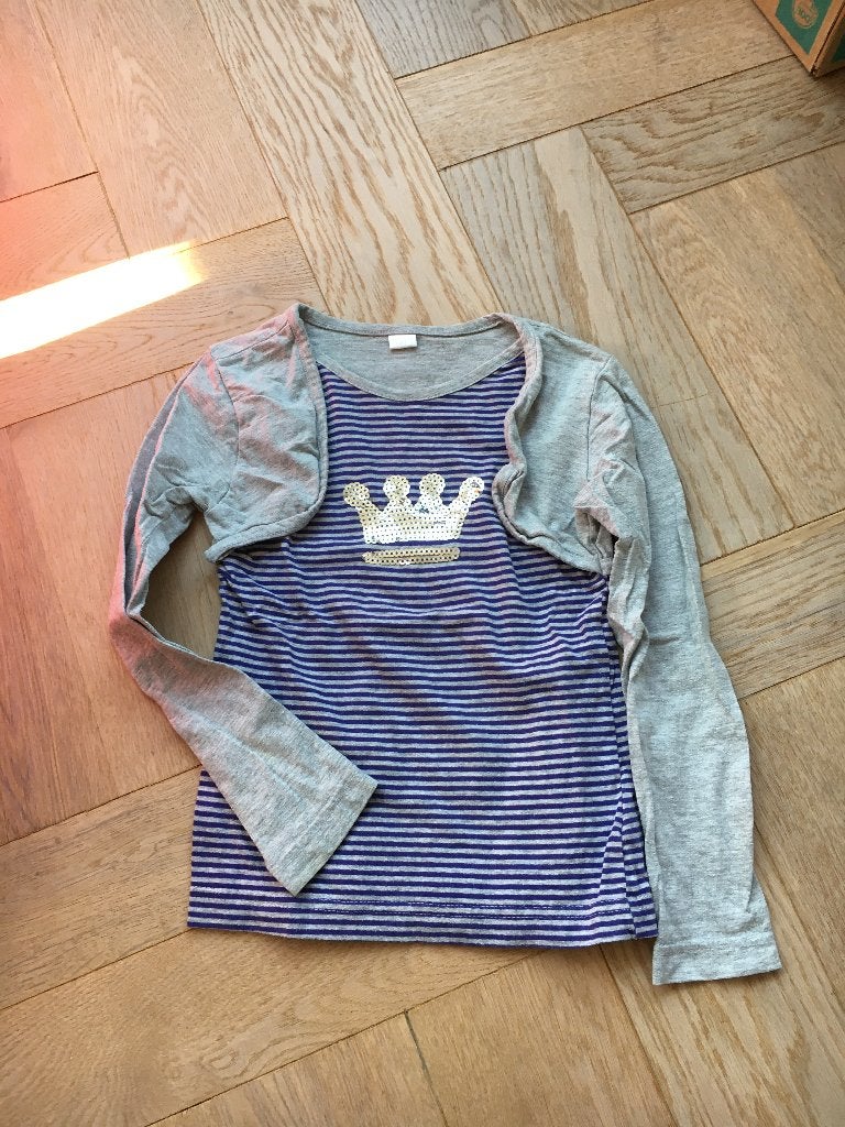Leuk paars/grijs gestreept shirtje met bolero mt 110/116, Ophalen of Verzenden, Gebruikt, Meisje, Shirt of Longsleeve