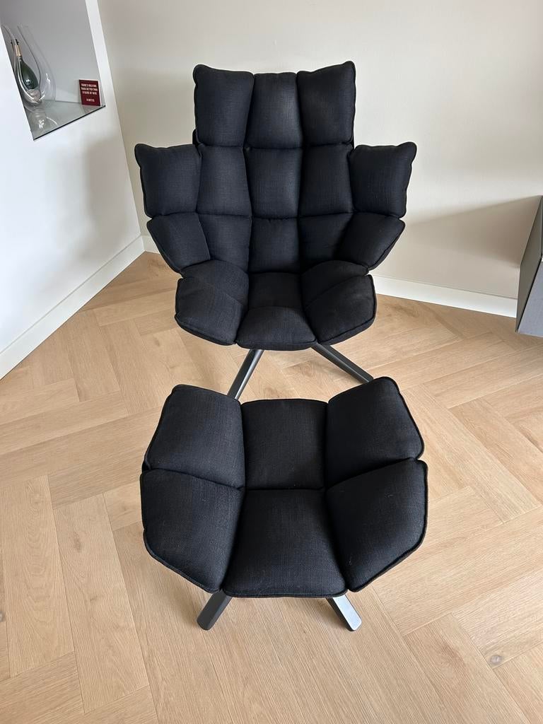 B&B Italia Husk Fauteuil H3G mét Ottoman - Zwart, Ophalen, Modern, Design, B&B Italia, 75 tot 100 cm, Zo goed als nieuw