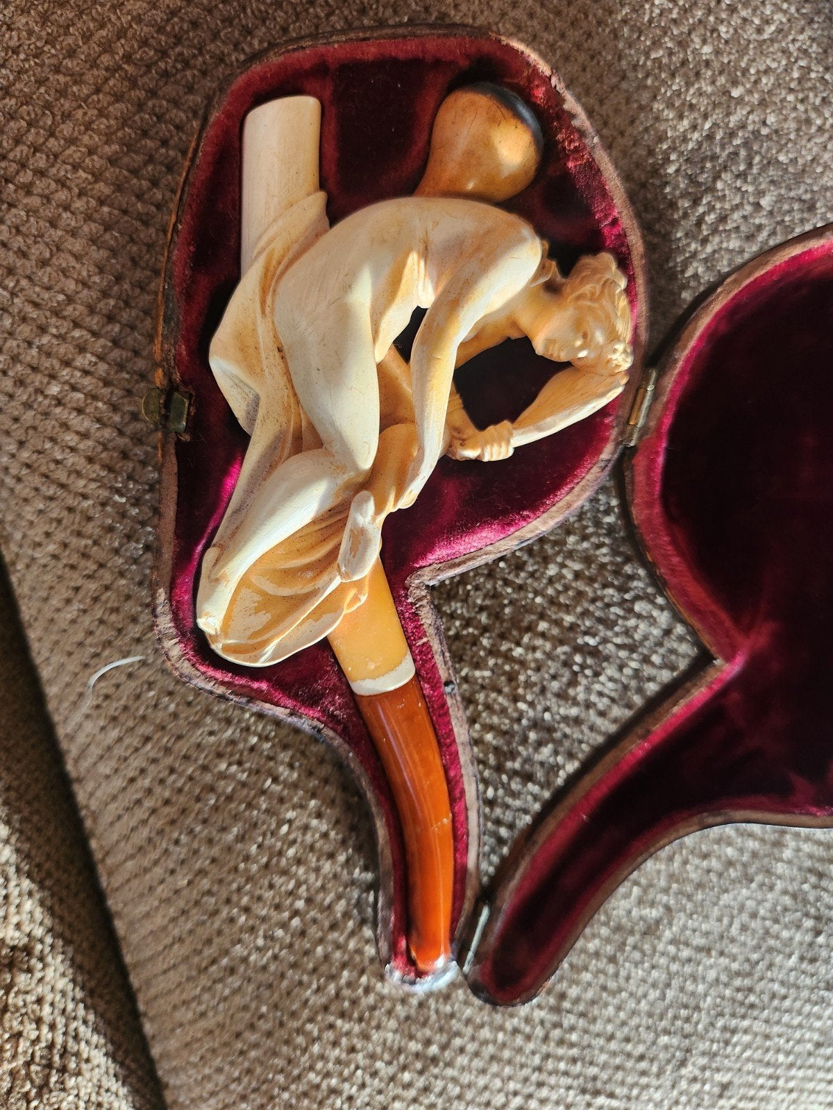 Antieke Meerschuim Pijp met Vrouwenfiguur in Etui, Ophalen of Verzenden