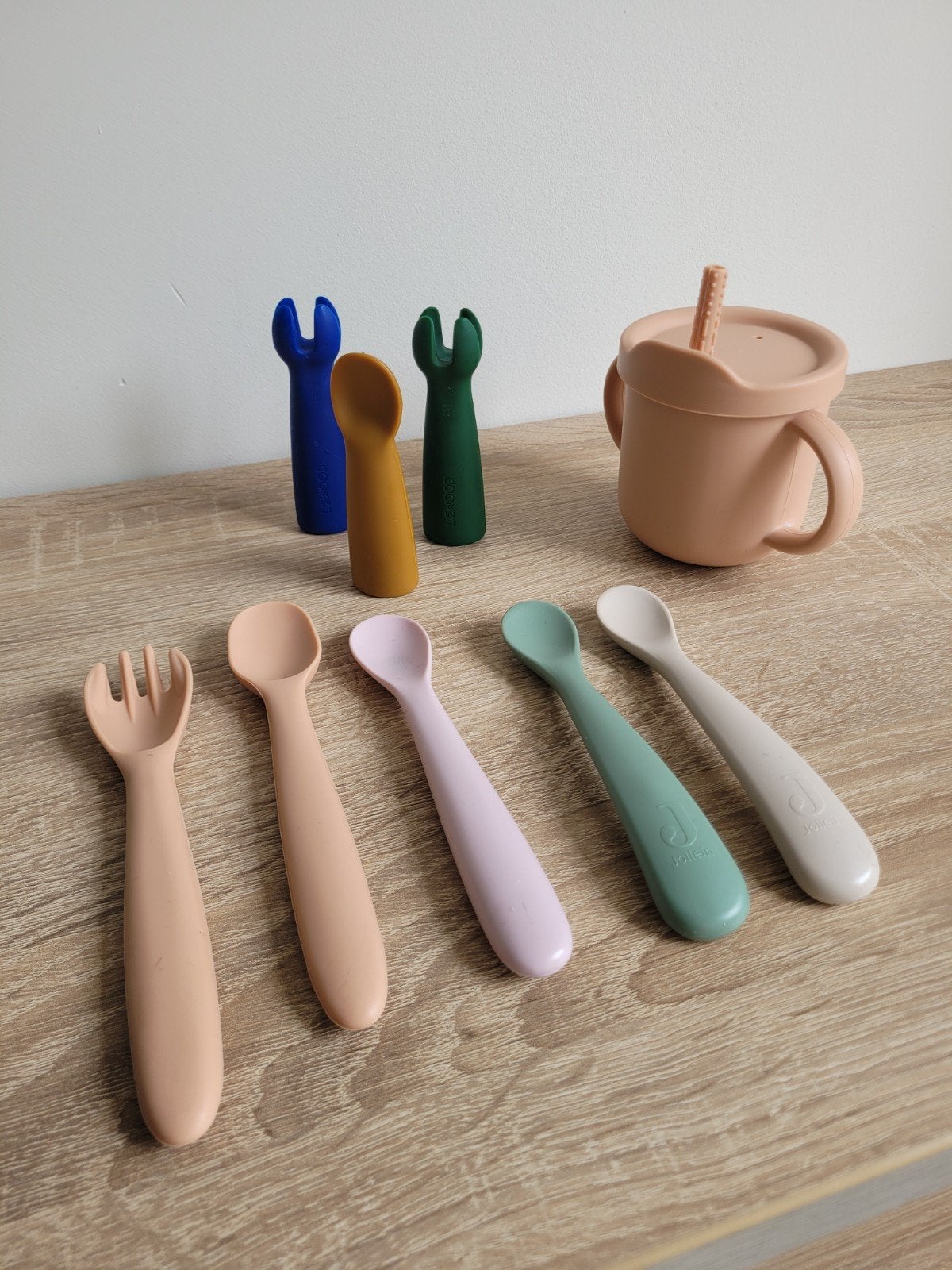 Siliconen bestek + drinkbeker voor baby's | Liewood, Jollein, Overige merken, Ophalen of Verzenden, Zo goed als nieuw, Drinkbeker