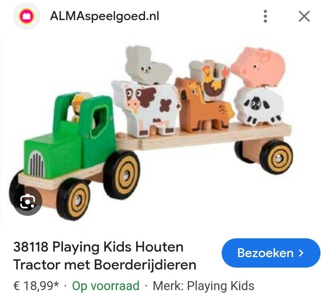 Playing Kids Houten Tractor met Boerderijdieren, Ophalen of Verzenden, Zo goed als nieuw, Duw- of Trekspeelgoed