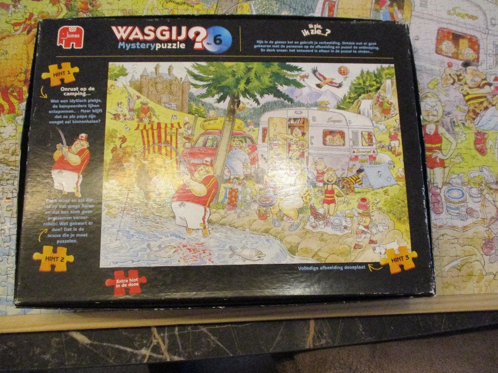 Jumbo Wasgij Mysterie Puzzle No 6 Onrust op de camping, Ophalen of Verzenden, 500 t/m 1500 stukjes, Zo goed als nieuw, Legpuzzel