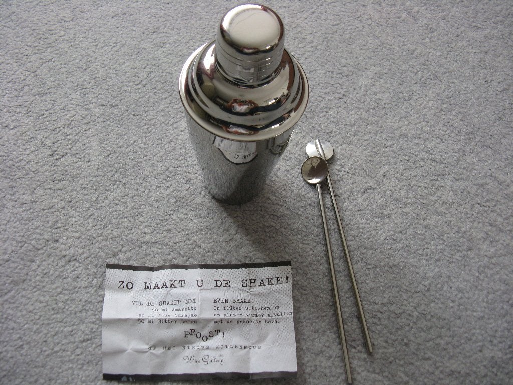 Cocktailshaker set met recept en roerstaafjes, Ophalen, Overige typen, Metaal, Overige merken