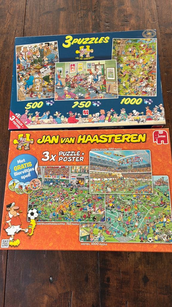 6 Puzzels van Jan van Haasteren in 2 dozen, Hobby en Vrije tijd, Denksport en Puzzels, Zo goed als nieuw, 500 t/m 1500 stukjes
