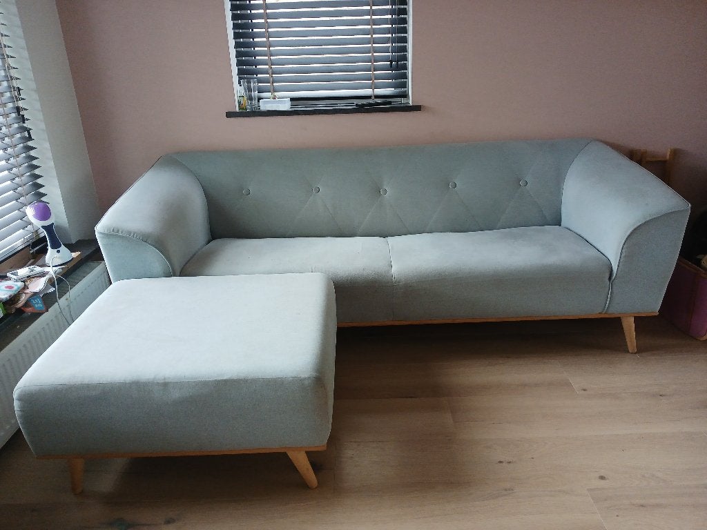 Bank met losse hocker lichtblauw, Huis en Inrichting, Ophalen, Gebruikt, Driepersoons, Rechte bank
