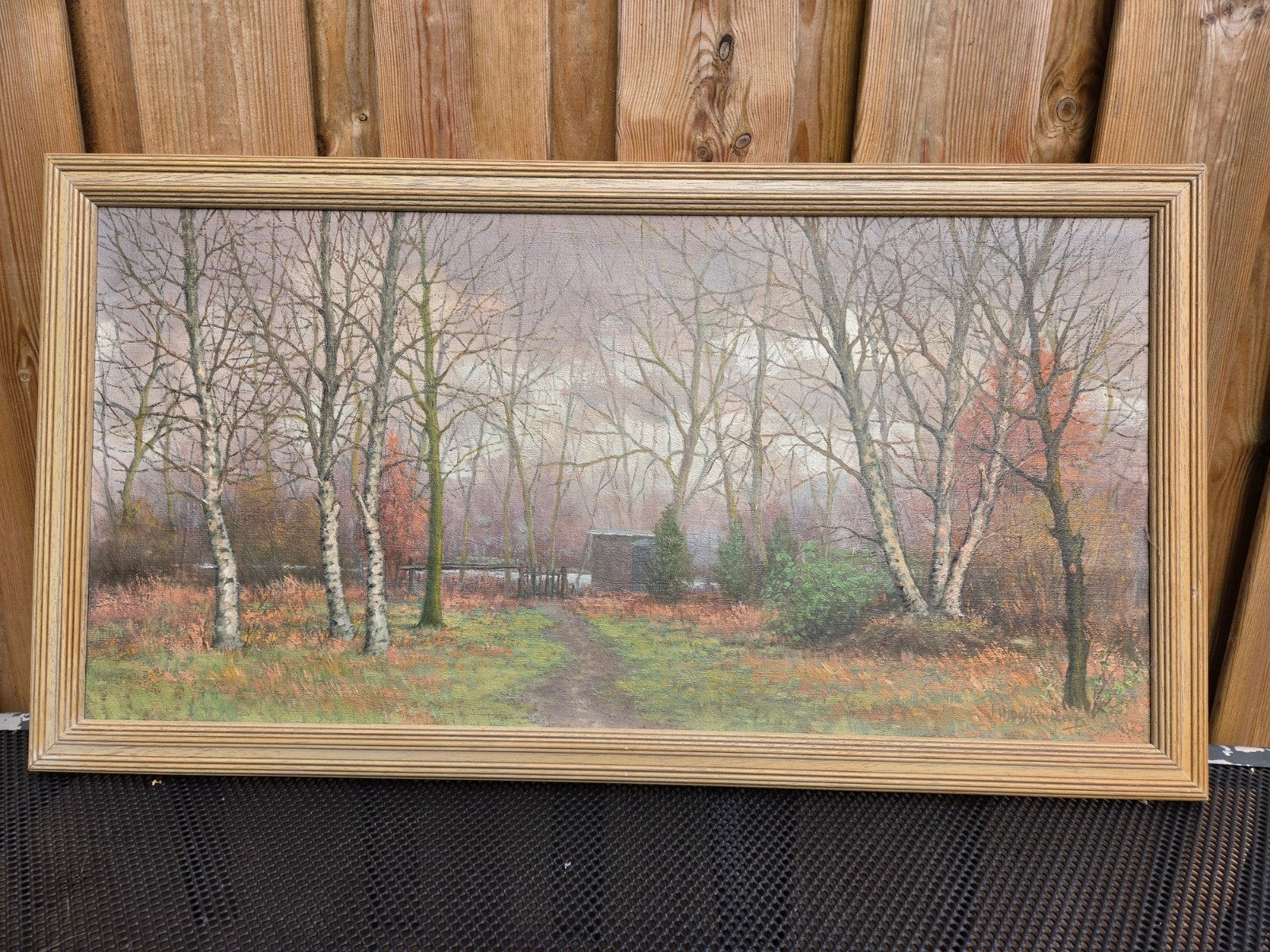 Schilderij Herfstlandschap met berkenbomen, Antiek en Kunst, Ingelijst, Doek, Realistisch, Ophalen of Verzenden