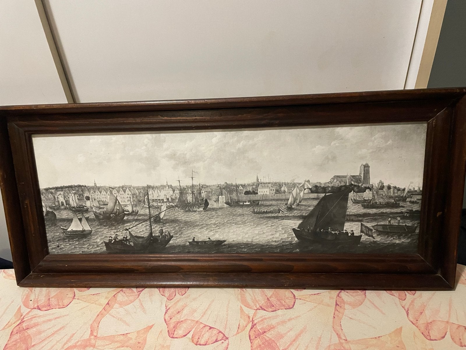 Antieke prent Dordrecht havengezicht met schepen, ingelijst, Ingelijst, 1800 - 1899, Ophalen of Verzenden, Overige technieken
