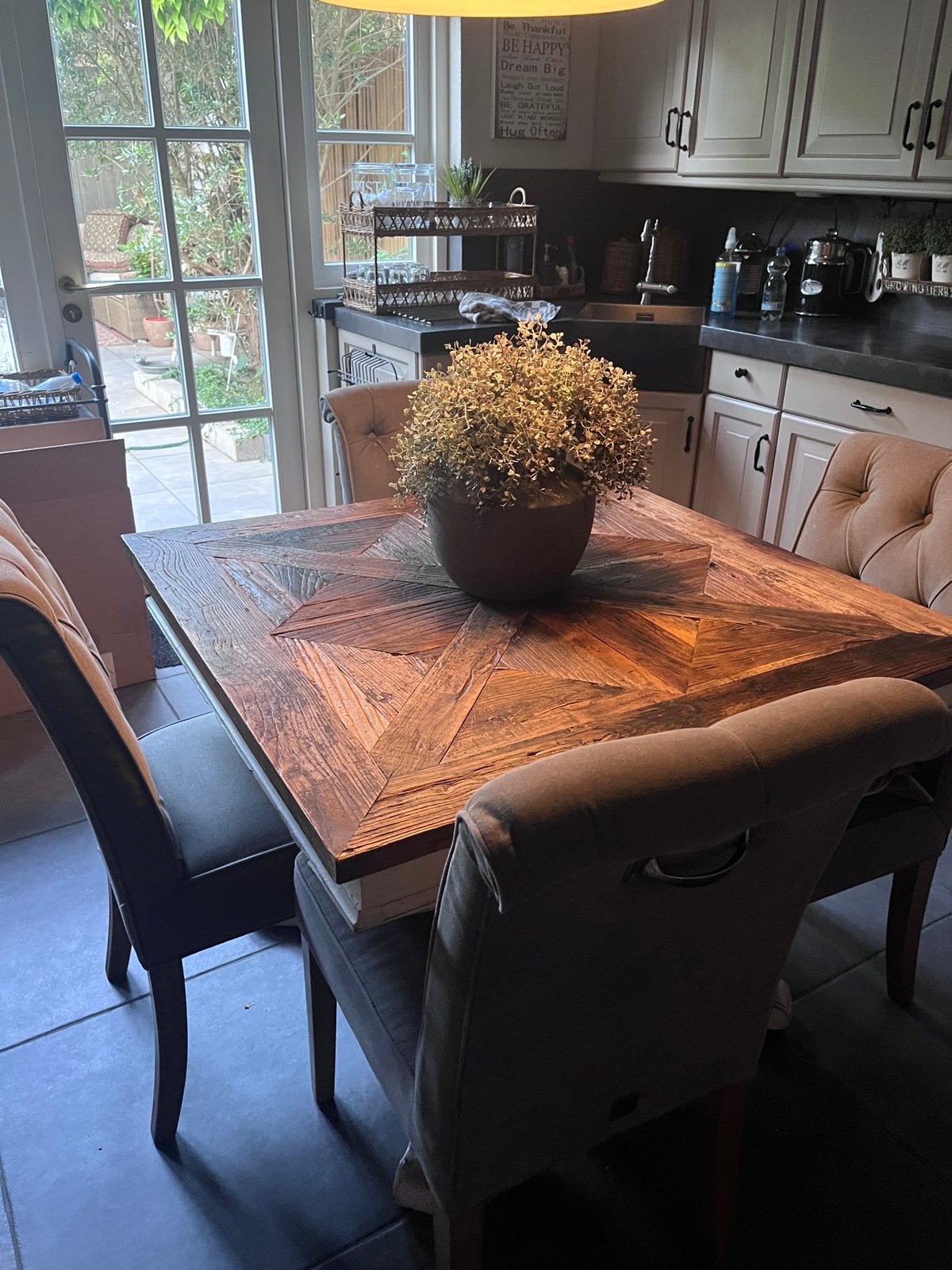 Riviera Maison driftwood tafel 100x100, Ophalen, Gebruikt, 50 tot 100 cm, Vierkant