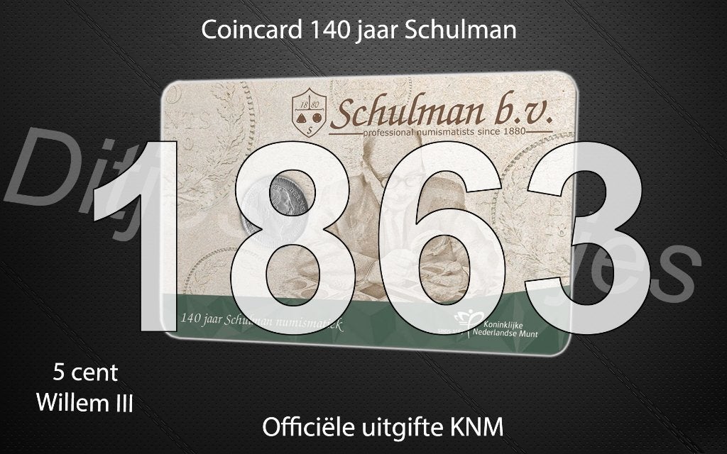 140 jaar Schulman in coincard KNM - 5 cent 1863 zilver, Ophalen of Verzenden, Koning Willem III, Zilver