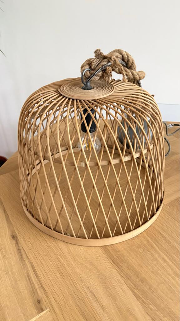 Rotan hanglamp met touw, diameter 41 cm, Huis en Inrichting, Ophalen, Gebruikt, Hout, Minder dan 50 cm