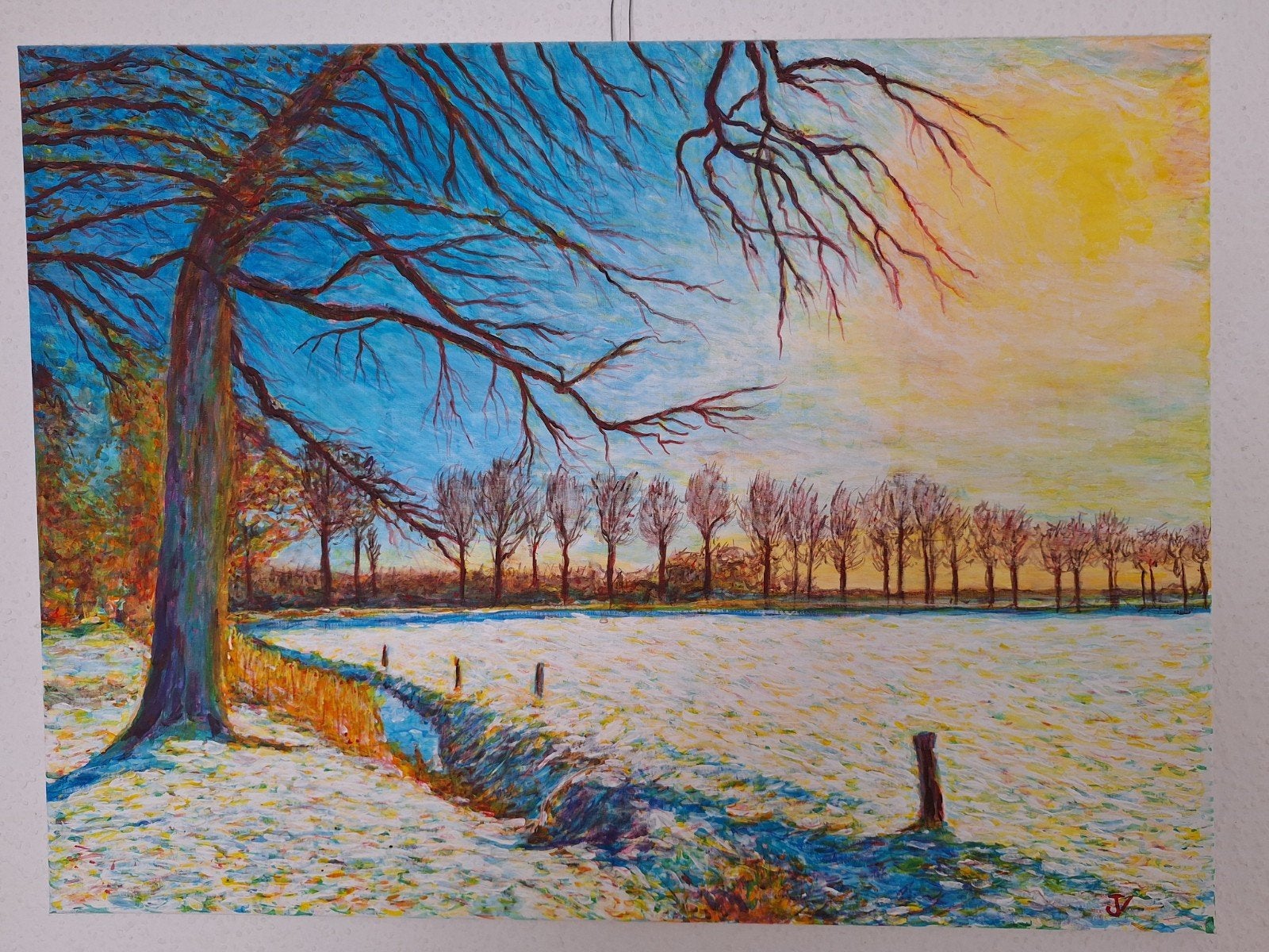 Schilderij Winterlandschap met Bomen en Sneeuw, Doek, Realistisch, Ophalen of Verzenden, Landschap
