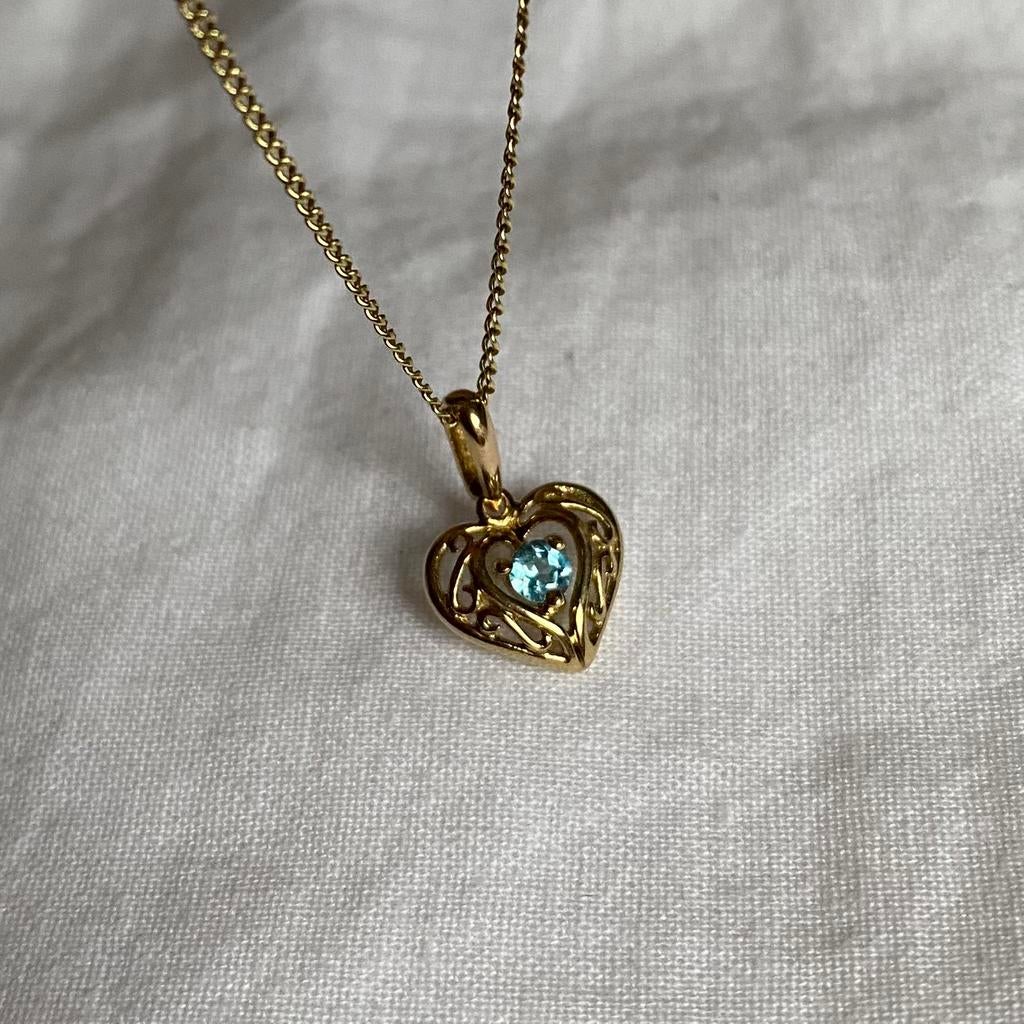 Vintage hanger hart aquamarijn steen goud 9k, Sieraden, Tassen en Uiterlijk, Verzenden, Zo goed als nieuw, Goud