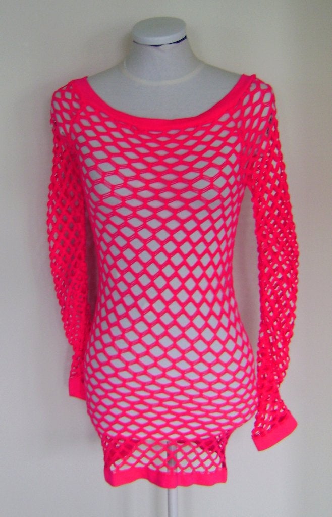 fluor coral roze fishnet jurk rave festival sexy gogo fetish, Maat 38/40 (M), Overige kleuren, Verzenden, Fluor rave fishnet
