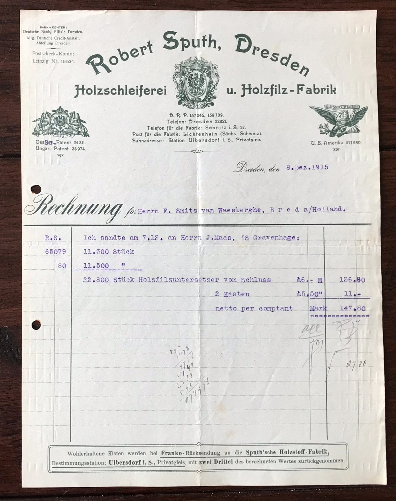 Oude Rekening Robert Sputh uit stad Dresden 1915, Ophalen of Verzenden, Gebruikt, Overige typen