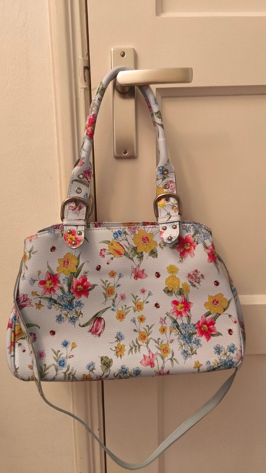 Prachtige vintage leren handtas/schoudertas met bloemenprint, Ophalen of Verzenden, Nieuw, Overige kleuren, Handtas