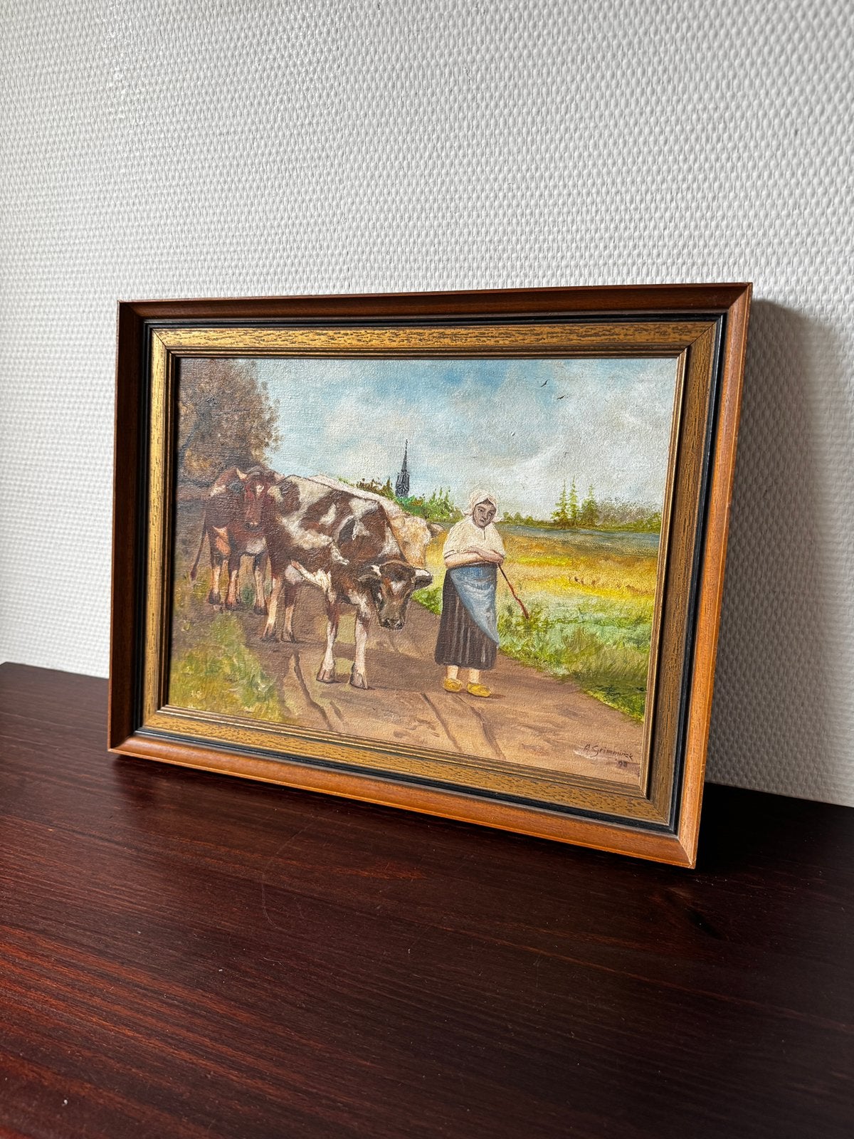 Vintage Olieverf Schilderij Boerin met Koeien 1994 Grimminck, Ophalen of Verzenden, Olieverf, Dieren, Doek