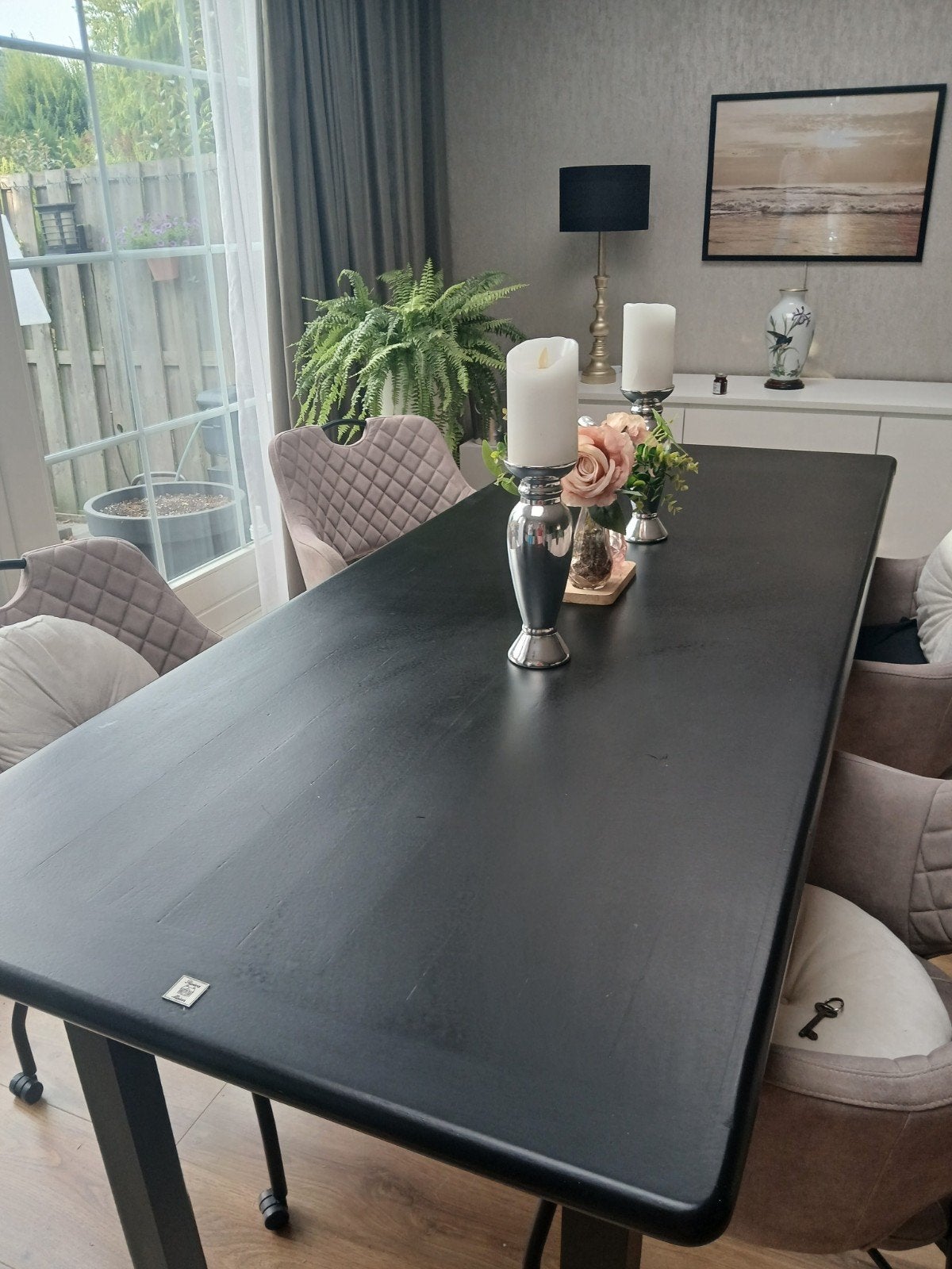 Grote zwart geverfde houten eettafel met 3 lades, Ophalen, 200 cm of meer, Vijf personen of meer, 200 cm of meer
